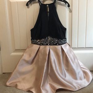 Black and champagne halter homecoming dress